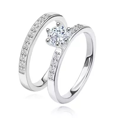 Két részes szett 925 ezüstből karikagyűrű és gyűrű – csillogó cirkóniákból álló vonal, nagyobb kerek cirkónia - Nagyság_ 60