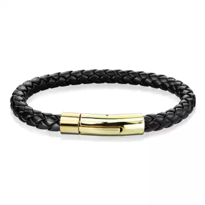 Fekete bőr karkötő fonott mintával – acél zárszerkezet arany színárnyalatban - Hossz: 210 mm
