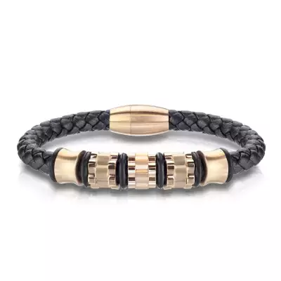 Fekete bőr karkötő fonott mintával – fogaskerekek és hengerek réz színben - Hossz: 210 mm