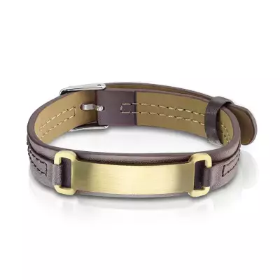 Barna bőr karkötő – sima tábla arany színben szatén felülettel