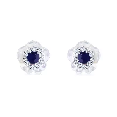 Fülbevaló 14K aranyból – virág természetes gyöngyházból, zafír, Swarovski kristályok