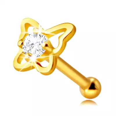 Arany orrpiercing 14K aranyból – pillangó kontúr egy kerek átlátszó cirkóniával, 1,5 mm