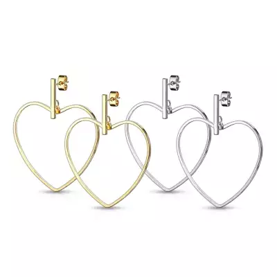 316L acél fülbevaló - szív kontúr sima csíkkal,stekker zár - Szín: Arany