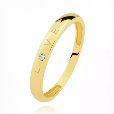 14K sárga arany gyémánt gyűrű - „LOVE” (Szeretet )felirat, briliánssal, sima felülettel, 1,5 mm - Nagyság_ 58