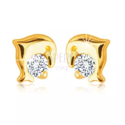 14K sárga arany gyémánt fülbevaló - ugró delfin, átlátszó, briliáns, stekkerzárral