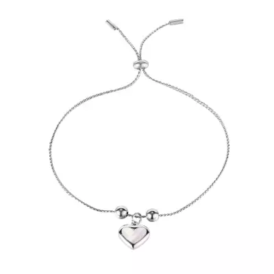 Acél karkötő, ezüst színű - vékony lánc, sima golyók, medál szív