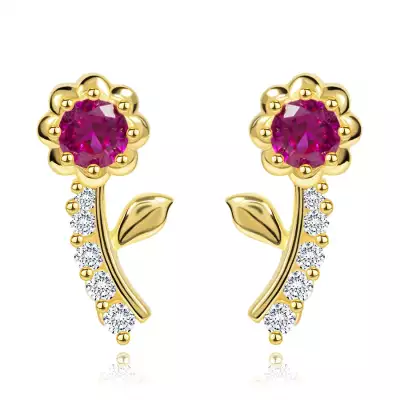 14 karátos arany fülbevaló virág szintetikus rubinnal és cirkóniákkal