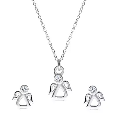 Két részes szett 925 ezüstből - fülbevaló és nyaklánc, metszett angyal átlátszó cirkóniákkal