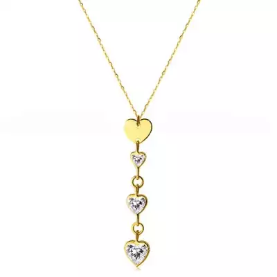 14K sárga arany nyaklánc - három cirkónia szív átlátszó színárnyalatban