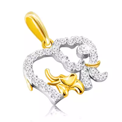 Medál kombinált 14K aranyból - elefánt kontúr cirkóniákkal kirakva, kisebb elefánt a belsejében.