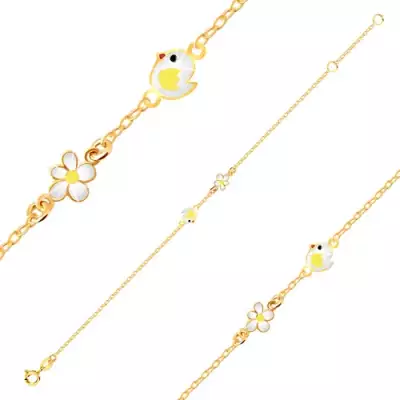 Karkötő 9K sárga aranyból - mázas csibe, virág fehér mázzal