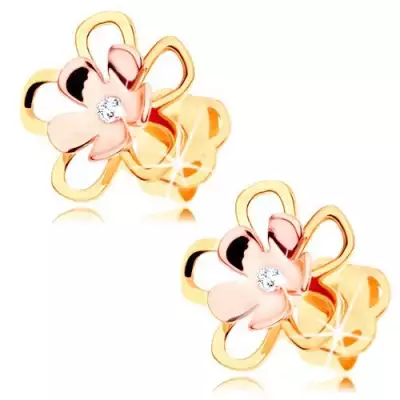 Fülbevaló 14K aranyból - fényes kétszínű virág átlátszó gyémánttal középen