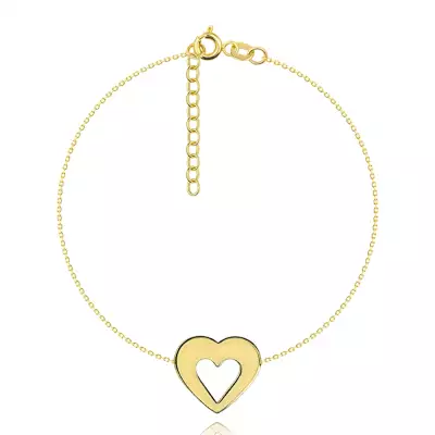 14K sárga arany karkötő - vékony lánc, lapos szív körvonal, fényes és sima felület