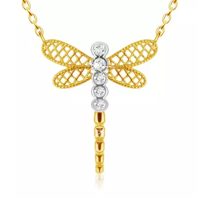 9K kombinált arany nyakék - szitakötő rácsos szárnyak,átlátszó cirkónia