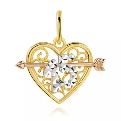 Medál kombinált aranyból szív alakban egy nyíllal – díszes 15-ös szám