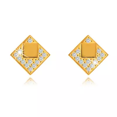  9K sárga arany fülbevaló, négyzetek,átlátszó kerek cirkóniák.