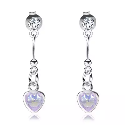 925 ezüst fülbevaló, lila cirkónia, szív, golyós szár,átlátszó Swarovski kristály.