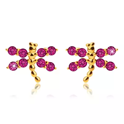  9K sárga arany fülbevaló, szitakötők, sötét-rózsaszínű cirkóniák