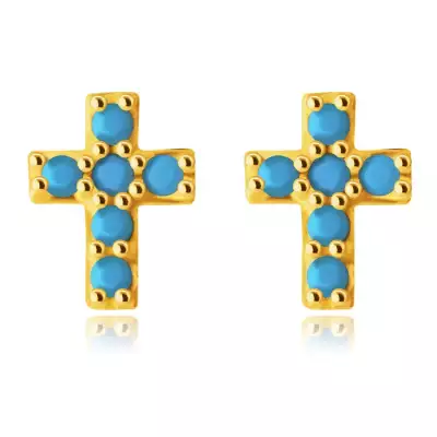 9K arany fülbevaló - kis latin kereszt, kerek türkízekkel, pontokkal díszítve