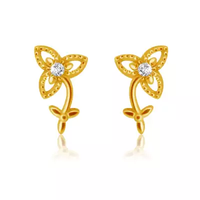 14K sárga arany fülbevaló - három szirmú virág szárral és levelekkel, átlátszó cirkóniával