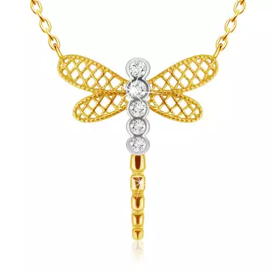 14K kombinált arany nyakék - szitakötő rácsos szárnyak, átlátszó cirkónia