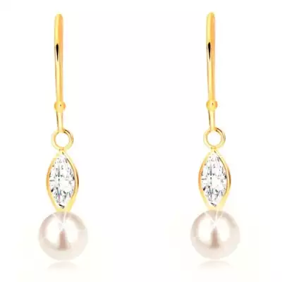 9K sárga arany fülbevaló - csillogó cirkóniák, fehér gyöngy