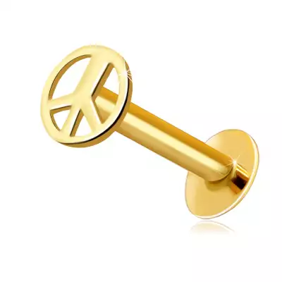14K arany ajak- és áll piercing - kerek béke szimbólum, fényes felülettel