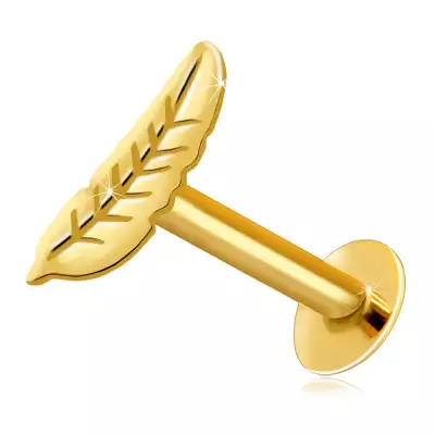 14K sárga arany áll és ajak piercing - madártoll motívum 