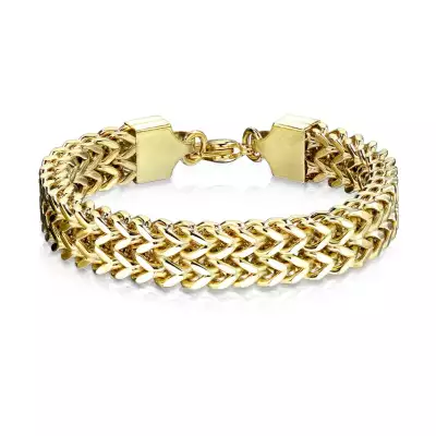 Acél karkötő arany színben -csiszolt kerek láncszemek két sorban, homár karom zár, 12 mm - Hossz: 230 mm