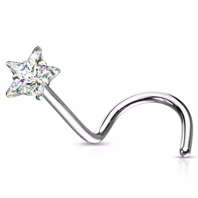  316L acél ívelt orr piercing- apró cirkónia ötágú csillag alakú, 3 mm