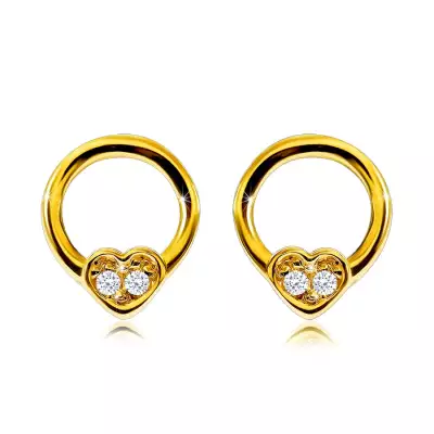 Gyémánt fülbevaló 585 sárga aranyból - karika fülbevaló kis szívvel, kerek briliánsokkal