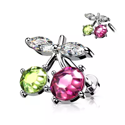 316L acél fül piercing - cseresznye színes cirkóniákkal, menetes, ródium bevonattal - Méret: 1,2 mm x 6 mm