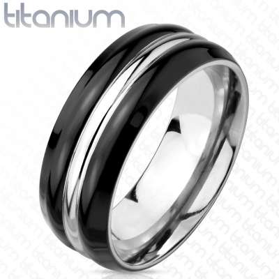 Titán gyűrű ezüst színben - fekete élek, középen ezüst vonallal, 8 mm - Nagyság_ 59