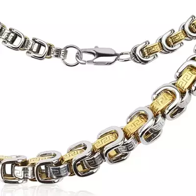 Rozsdamentes acél lánc - kétszínű design, kerékpár lánc utánzat, görög kulcs minta