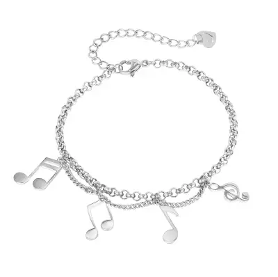 Acél karkötő zenei motívummal - hangjegyek és violinkulcs, szív mosolygós arccal, ezüst színben