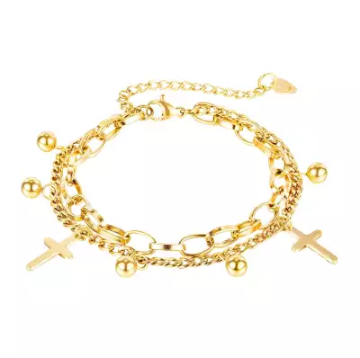 316L acél karkötő arany színben - fényes kereszt, gyöngy, kettős lánc