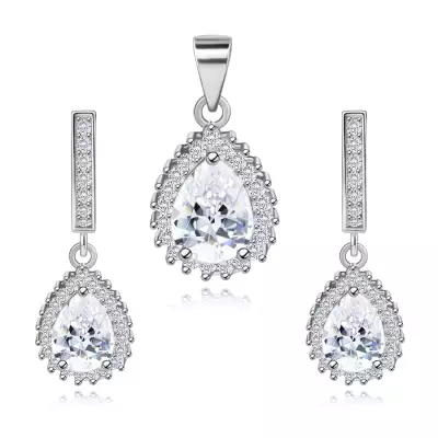 925 ezüst szett, fülbevaló és medál, cirkóniás könnycsepp, csillogó keret