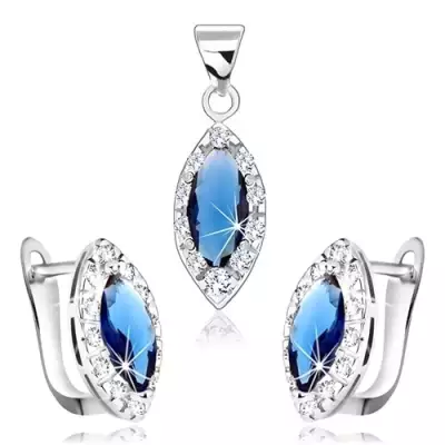Szett 925 ezüstből, fülbevaló és medál, kék cirkóniás magszem, átlátszó keret