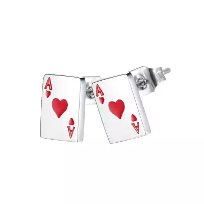 316L acél fülbevaló - kártyajáték motívum, kőr ász piros mázzal