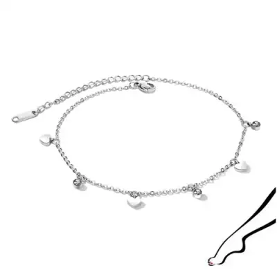 Acél bokalánc - sima szívek, kerek cirkóniák, ezüst színben