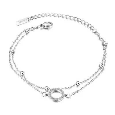 Acél dupla karkötő – cirkónia karika, gyöngyök, ezüst szín