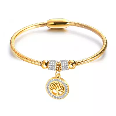 Kerek acél karkötő - életfa, átlátszó cirkóniák , arany színben