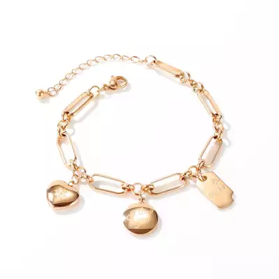 316L acél karkötő, réz színben - egy szív, egy kör és egy téglalap gravírozással