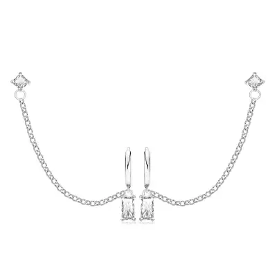 925 ezüst dupla fülbevaló - szögletes átlátszó cirkóniák, csőzáras karika és egy stekkerzár