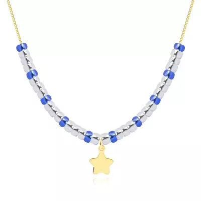 9K arany nyaklánc - lapos csillag, átlátszó és kék kristályokkal
