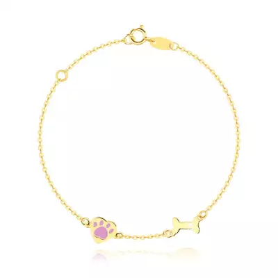 9K arany gyermek karkötő - egy kutyacsont és egy szív mancs nyommal