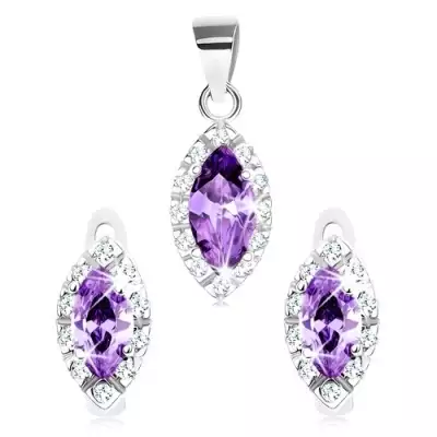 925 ezüst szett - medál, fülbevaló, lila cirkónia, apró átlátszó cirkóniák
