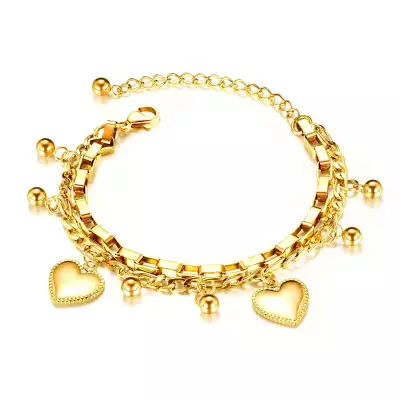 316L acél szív karkötő – szív díszesen dombornyomott éllel, gyöngyökkel, arany színű