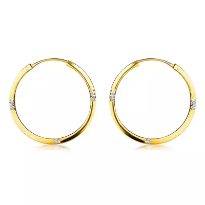 14K sárga arany fülbevaló - karikák, szögletes szár, átlátszó cirkóniák, 19 mm