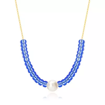 9K sárga arany nyaklánc - fehér tenyésztett gyöngy, kék kövek